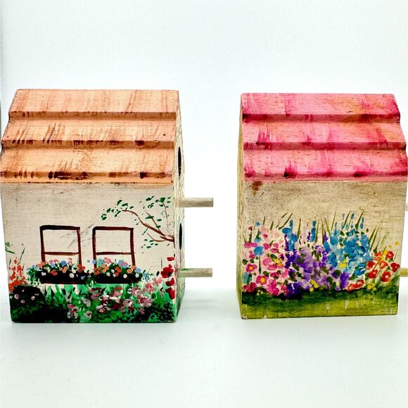 Hand-Painted Miniature Birdhouses Set Of 2 Floral Designs L Magee 4" Gift Decor - Picture 7 of 8